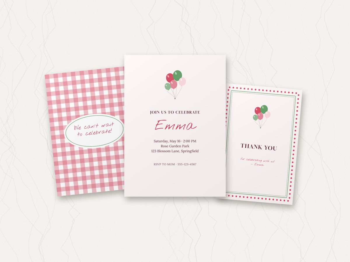 Invitation, matching back and thank-you card made with Party Invite Studio, shown on a marble desk