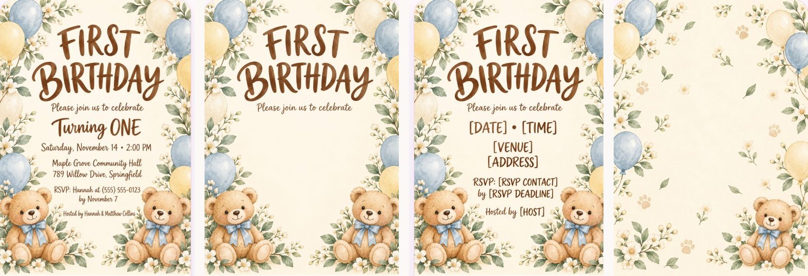 Four images from one idea: full design, generic title, placeholder text and matching back